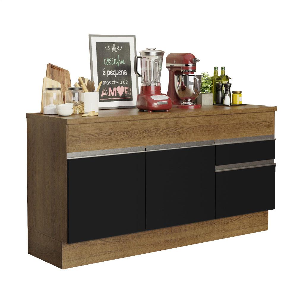 Balcão de Pia Armário de Cozinha 150 cm 2 Portas e 2 Gavetas (Com Tampo) Rustic/Preto Glamy Madesa