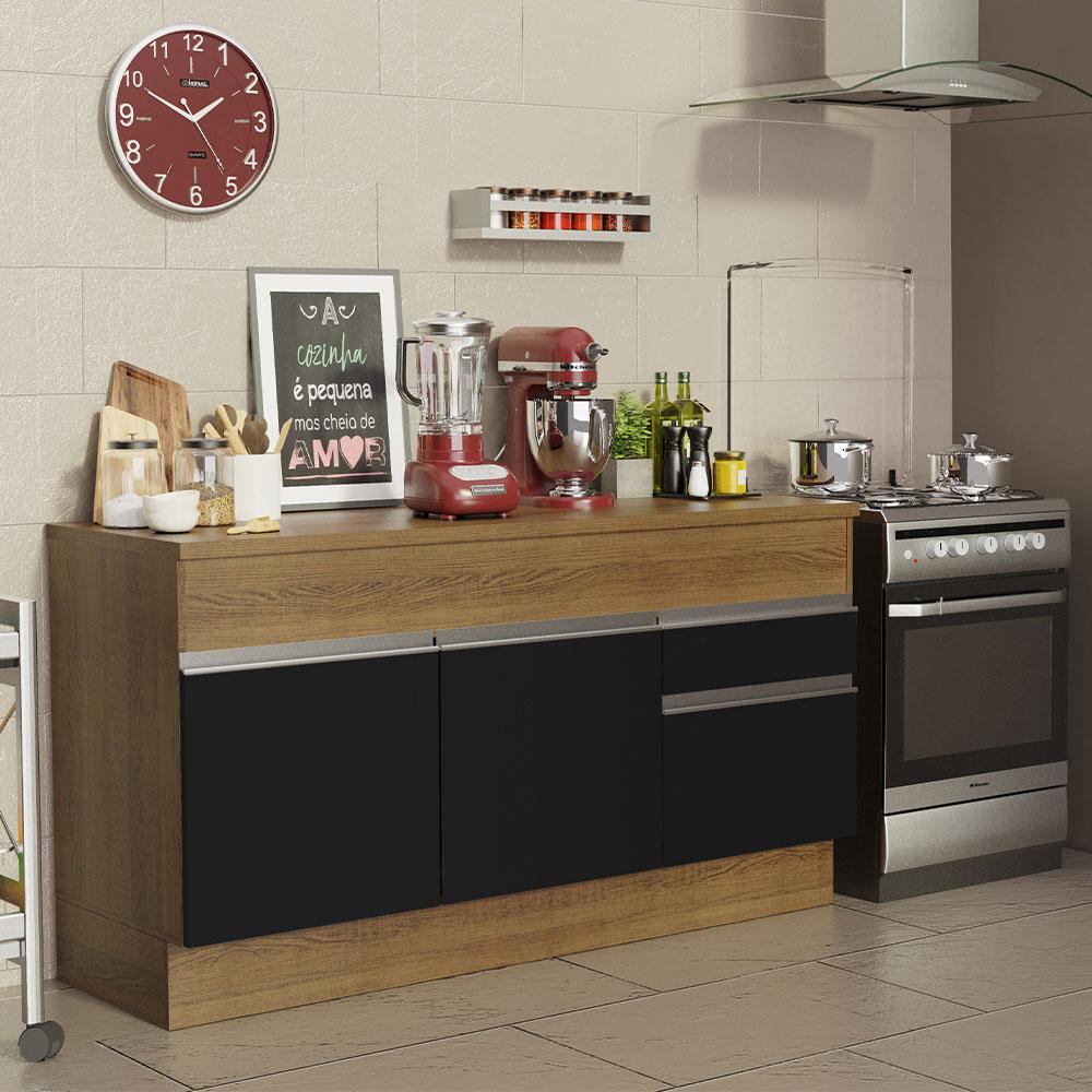 Balcão de Pia Armário de Cozinha 150 cm 2 Portas e 2 Gavetas (Com Tampo) Rustic/Preto Glamy Madesa