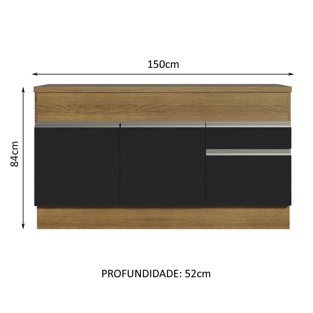 Balcão de Pia Armário de Cozinha 150 cm 2 Portas e 2 Gavetas (Com Tampo) Rustic/Preto Glamy Madesa