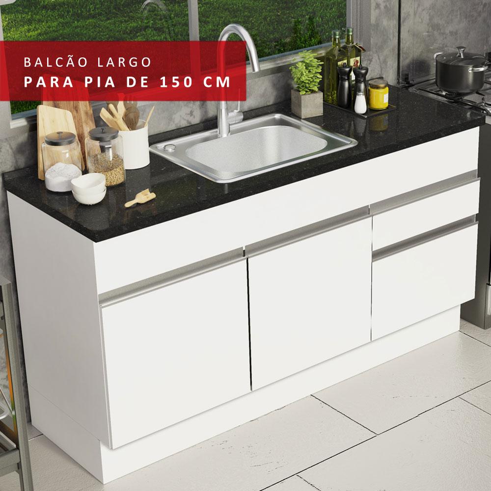 Balcão de Pia Armário de Cozinha 150 cm 2 Portas e 2 Gavetas (Sem Tampo e Pia) Branco Glamy Madesa