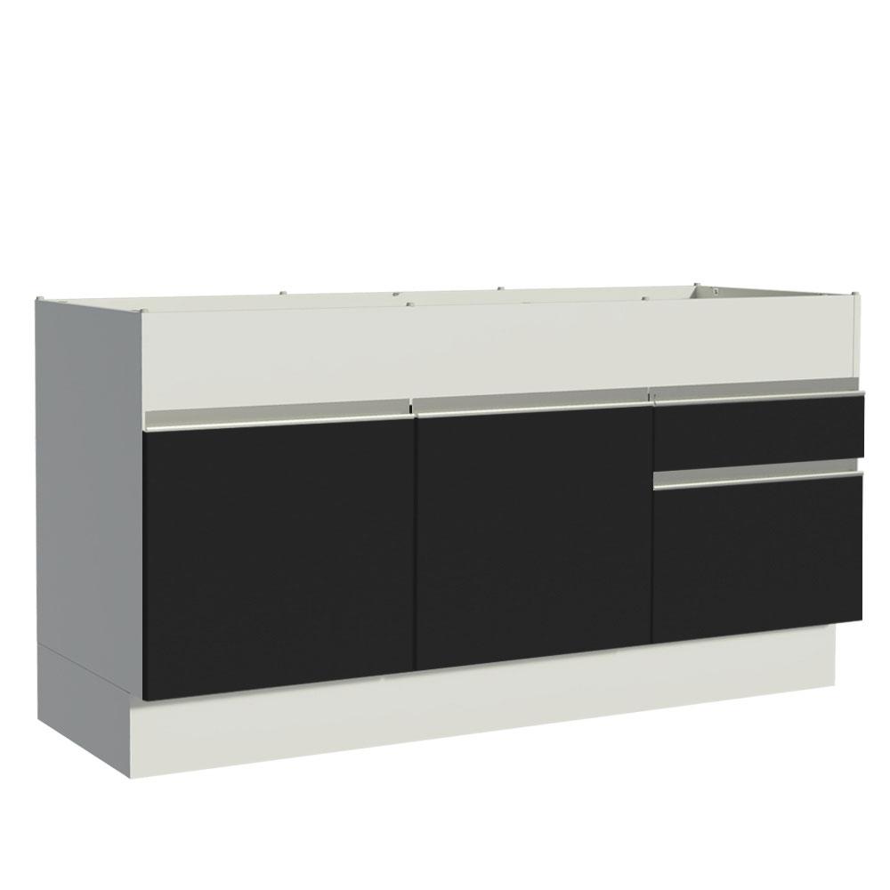 Balcão de Pia Armário de Cozinha 150 cm 2 Portas e 2 Gavetas (Sem Tampo e Pia) Branco/Preto Glamy Madesa