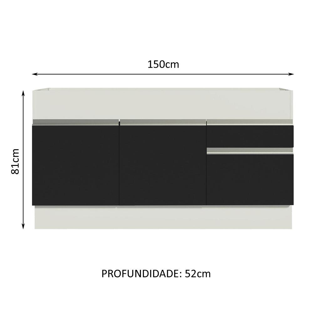 Balcão de Pia Armário de Cozinha 150 cm 2 Portas e 2 Gavetas (Sem Tampo e Pia) Branco/Preto Glamy Madesa