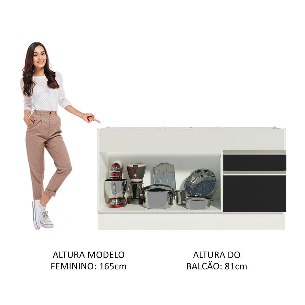 Balcão de Pia Armário de Cozinha 150 cm 2 Portas e 2 Gavetas (Sem Tampo e Pia) Branco/Preto Glamy Madesa