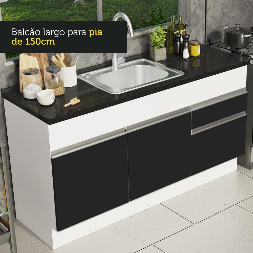 Balcão de Pia Armário de Cozinha 150 cm 2 Portas e 2 Gavetas (Sem Tampo e Pia) Branco/Preto Glamy Madesa
