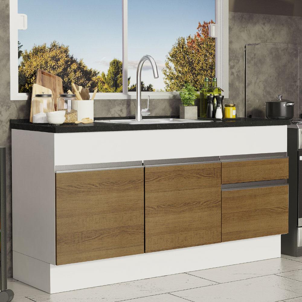 Balcão de Pia Armário de Cozinha 150 cm 2 Portas e 2 Gavetas (Sem Tampo e Pia) Branco/Rustic Glamy Madesa