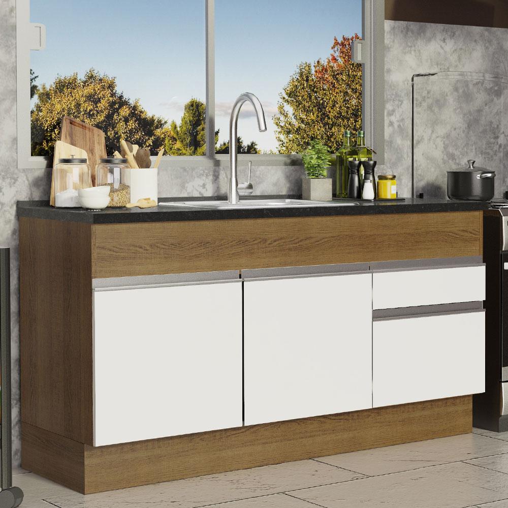 Balcão de Pia Armário de Cozinha 150 cm 2 Portas e 2 Gavetas (Sem Tampo e Pia) Rustic/Branco Glamy Madesa