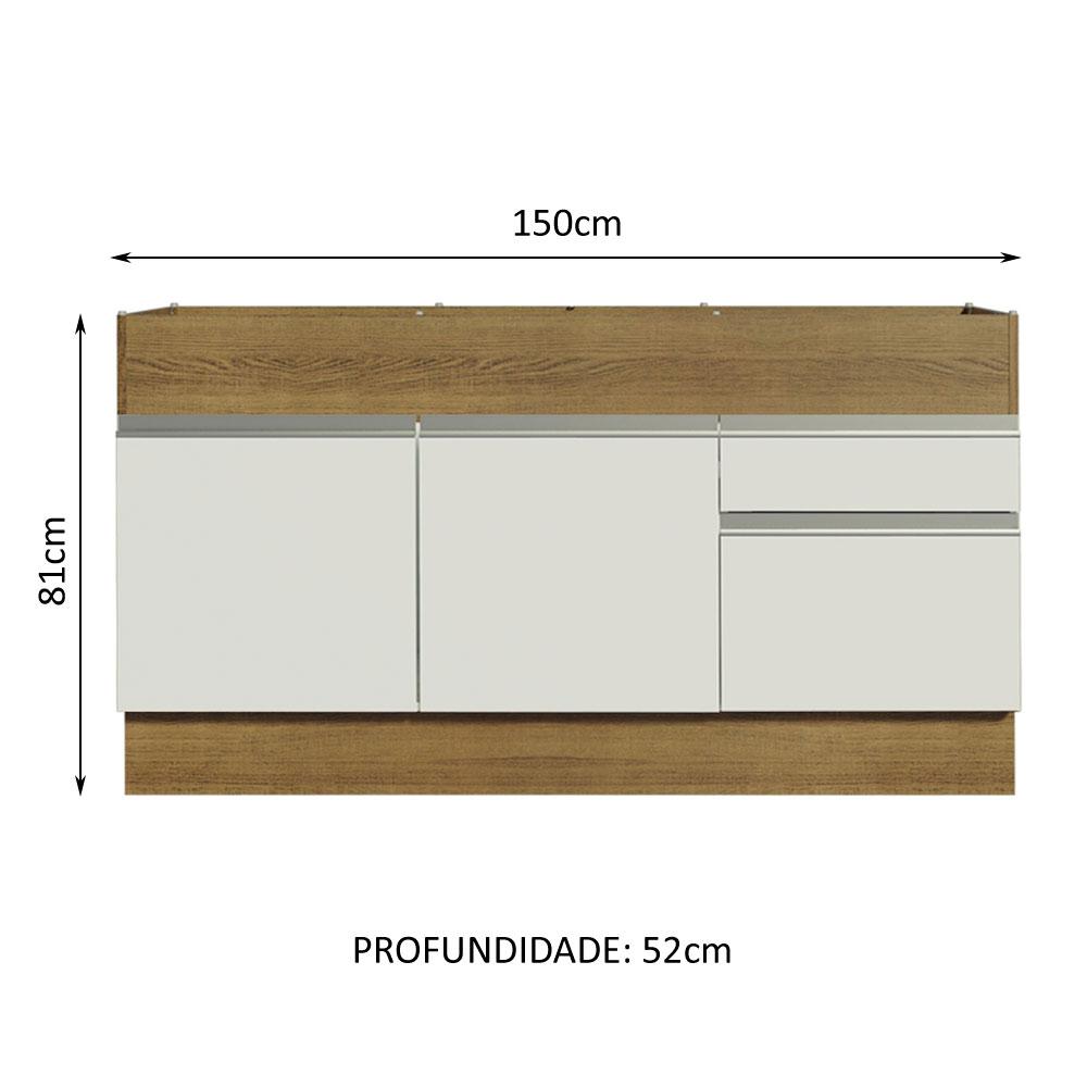 Balcão de Pia Armário de Cozinha 150 cm 2 Portas e 2 Gavetas (Sem Tampo e Pia) Rustic/Branco Glamy Madesa