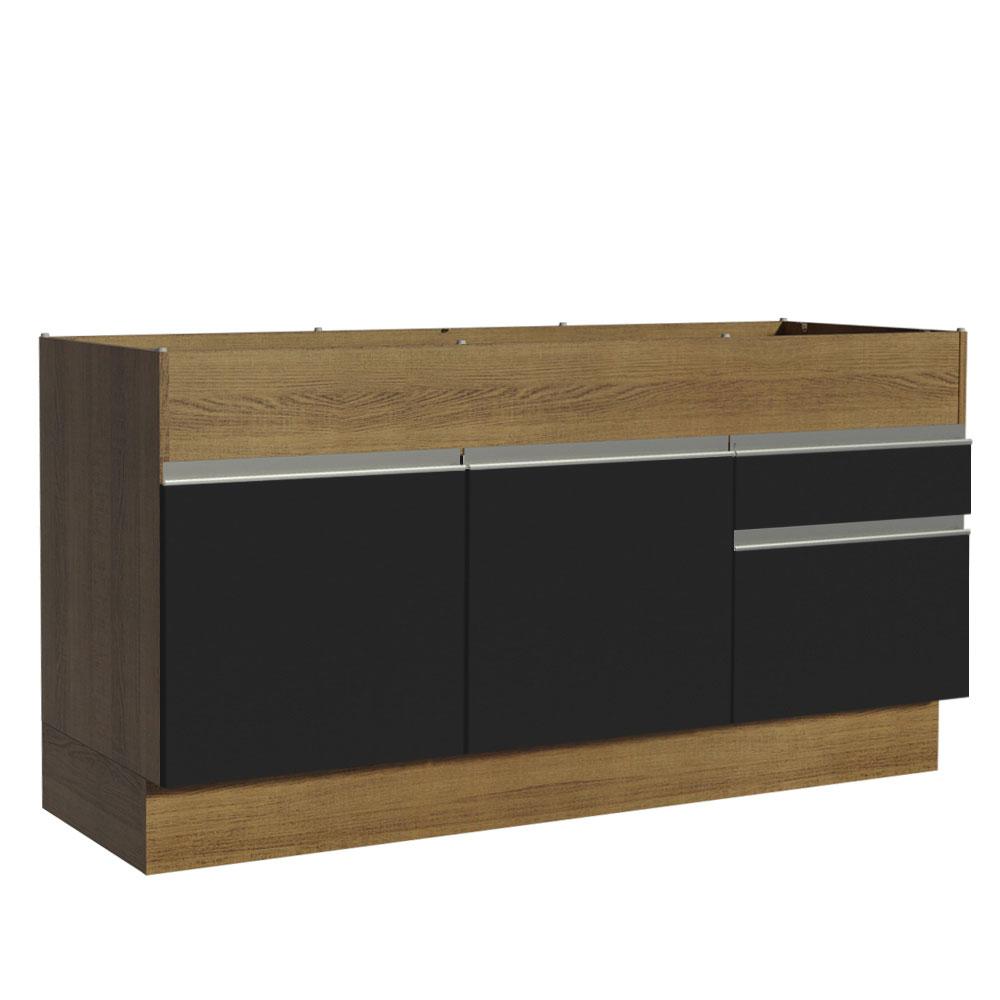 Balcão de Pia Armário de Cozinha 150 cm 2 Portas e 2 Gavetas (Sem Tampo e Pia) Rustic/Preto Glamy Madesa