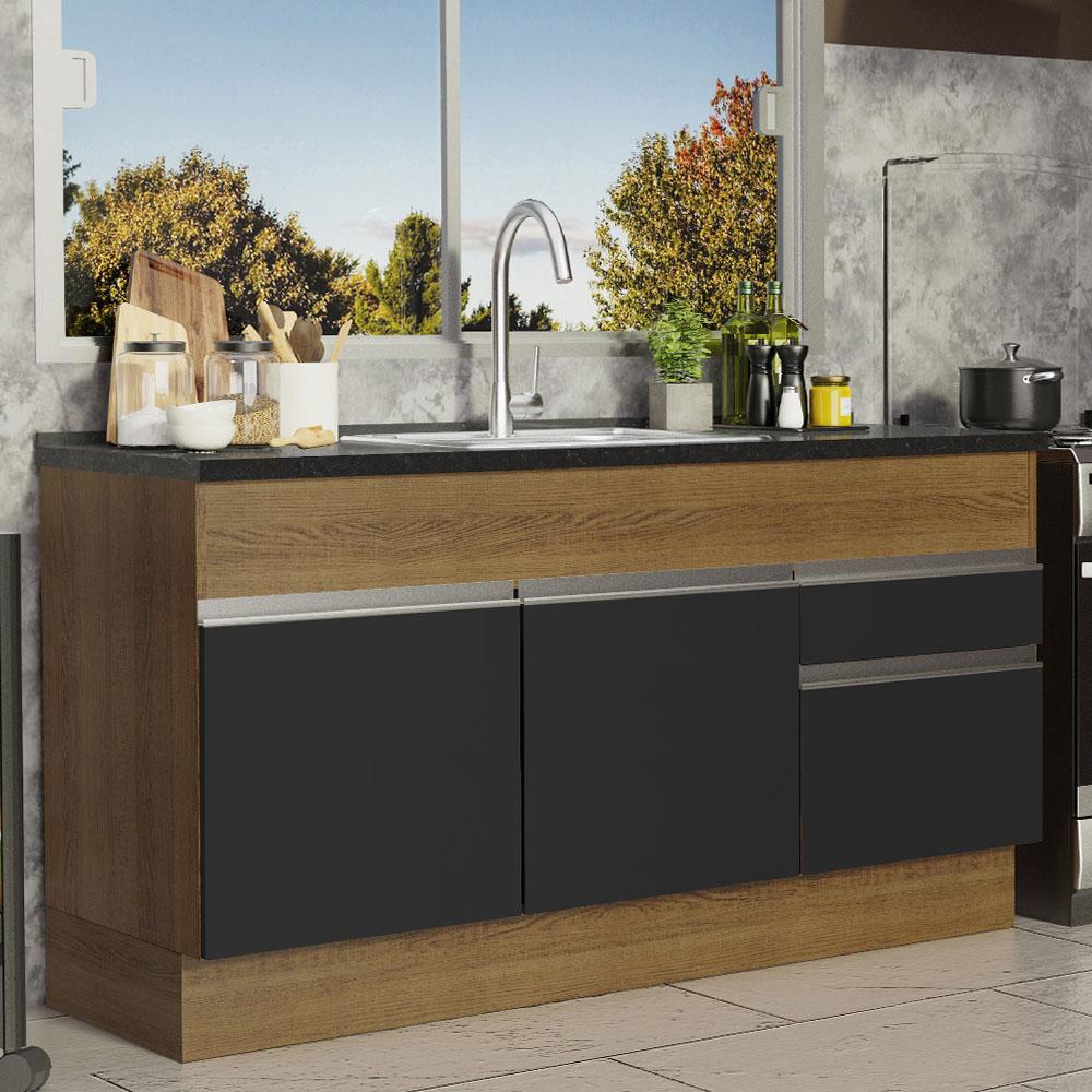 Balcão de Pia Armário de Cozinha 150 cm 2 Portas e 2 Gavetas (Sem Tampo e Pia) Rustic/Preto Glamy Madesa