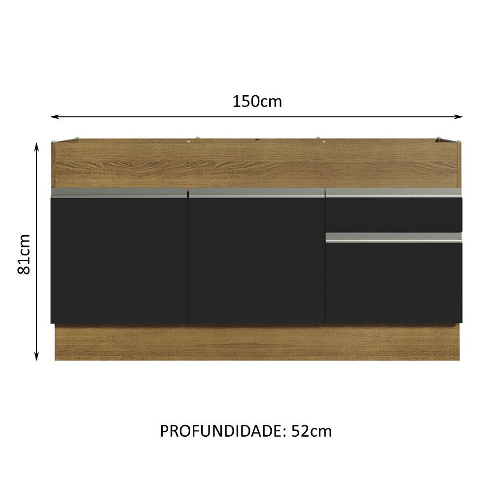 Balcão de Pia Armário de Cozinha 150 cm 2 Portas e 2 Gavetas (Sem Tampo e Pia) Rustic/Preto Glamy Madesa