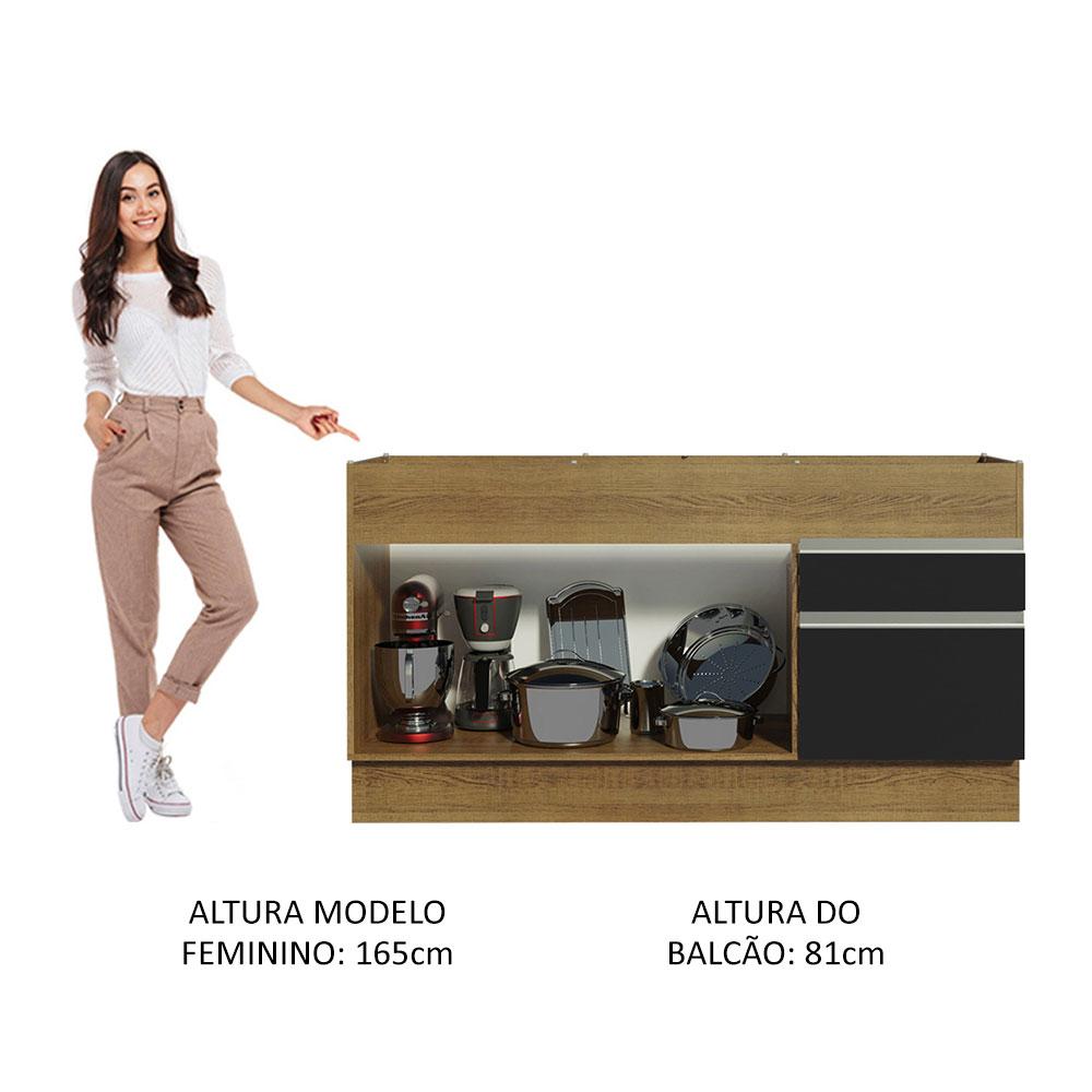 Balcão de Pia Armário de Cozinha 150 cm 2 Portas e 2 Gavetas (Sem Tampo e Pia) Rustic/Preto Glamy Madesa