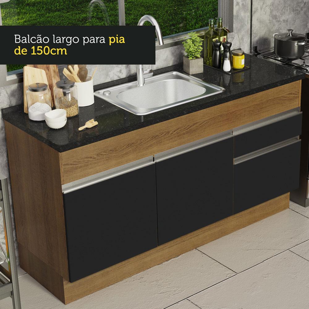 Balcão de Pia Armário de Cozinha 150 cm 2 Portas e 2 Gavetas (Sem Tampo e Pia) Rustic/Preto Glamy Madesa