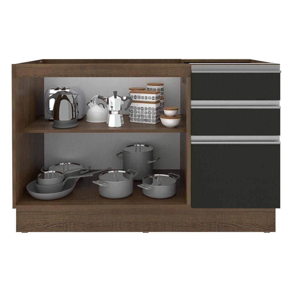Balcão de Pia Armário de Cozinha 2 Portas e 3 Gavetas Rustic/Preto Glamy Madesa