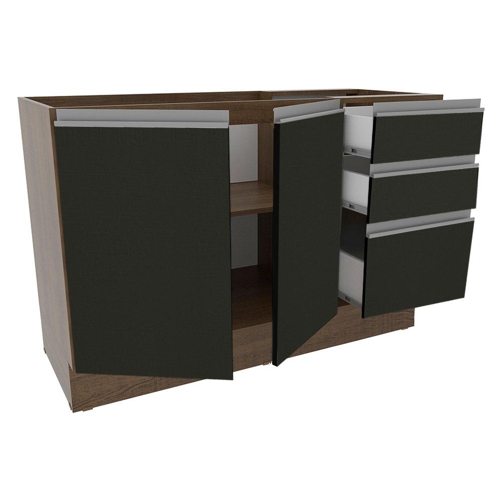 Balcão de Pia Armário de Cozinha 2 Portas e 3 Gavetas Rustic/Preto Glamy Madesa