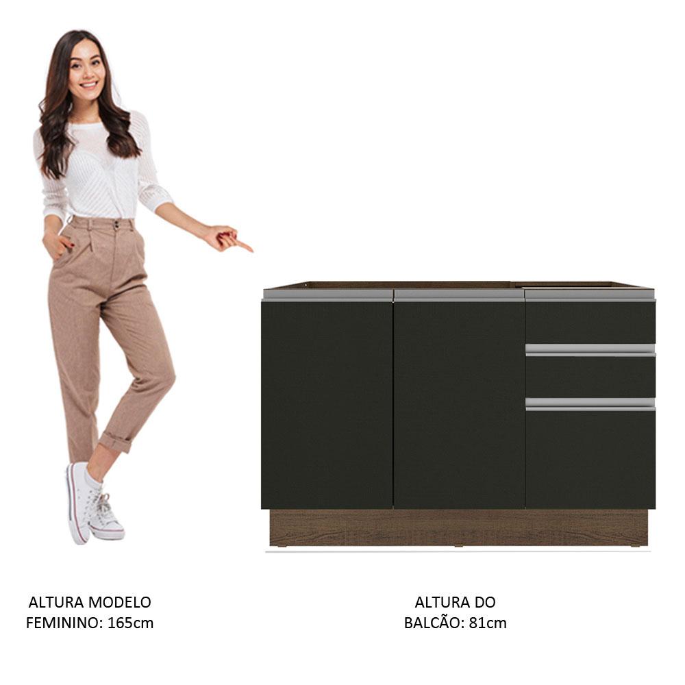 Balcão de Pia Armário de Cozinha 2 Portas e 3 Gavetas Rustic/Preto Glamy Madesa