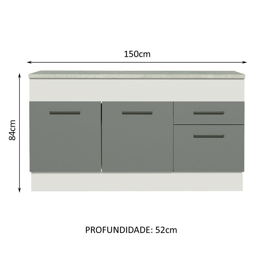 Balcão de Pia Cozinha 150 cm 2 Portas e 2 Gavetas (Com Tampo) Branco/Cinza Agata Madesa