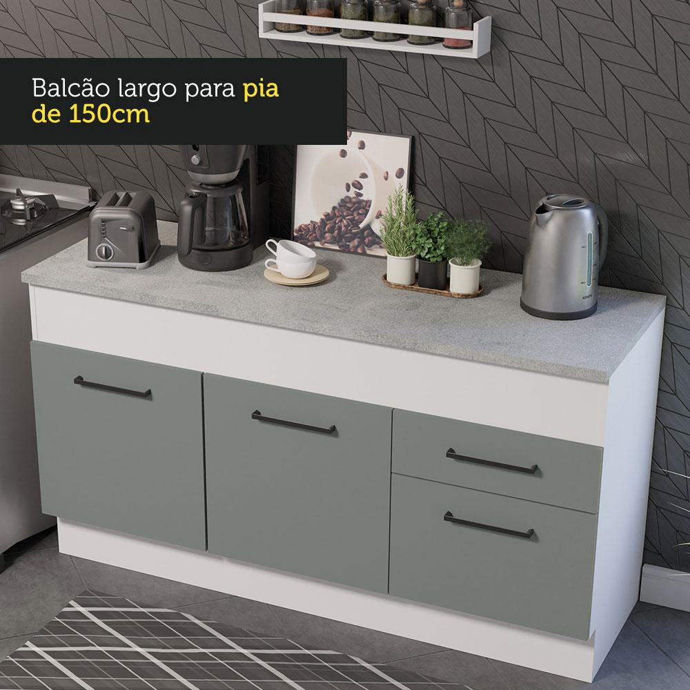 Balcão de Pia Cozinha 150 cm 2 Portas e 2 Gavetas (Com Tampo) Branco/Cinza Agata Madesa