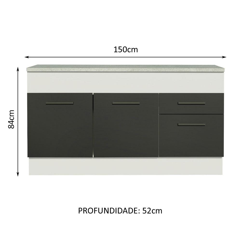 Balcão de Pia Cozinha 150 cm 2 Portas e 2 Gavetas (Com Tampo) Branco/Preto Agata Madesa