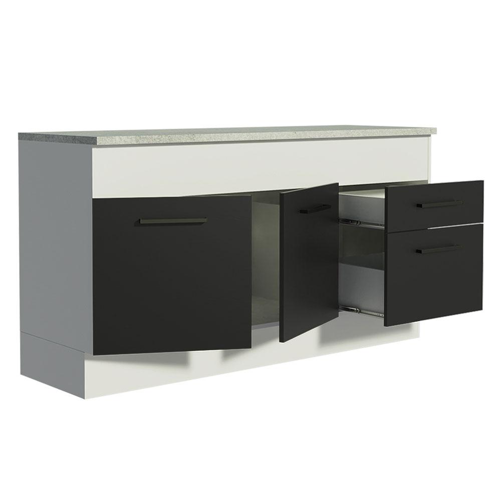 Balcão de Pia Cozinha 150 cm 2 Portas e 2 Gavetas (Com Tampo) Branco/Preto Agata Madesa