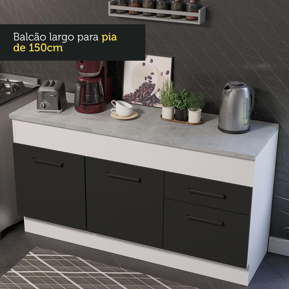 Balcão de Pia Cozinha 150 cm 2 Portas e 2 Gavetas (Com Tampo) Branco/Preto Agata Madesa