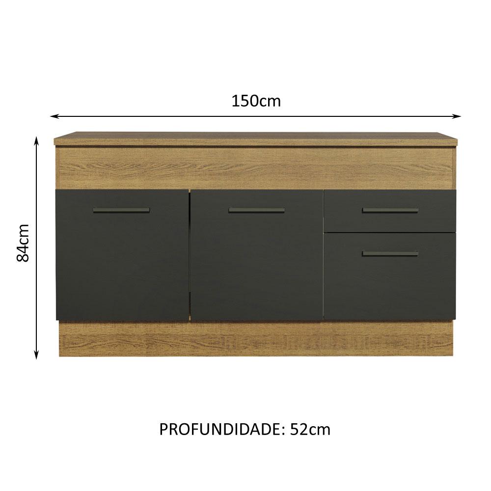 Balcão de Pia Cozinha 150 cm 2 Portas e 2 Gavetas (Com Tampo) Rustic/Preto Agata Madesa
