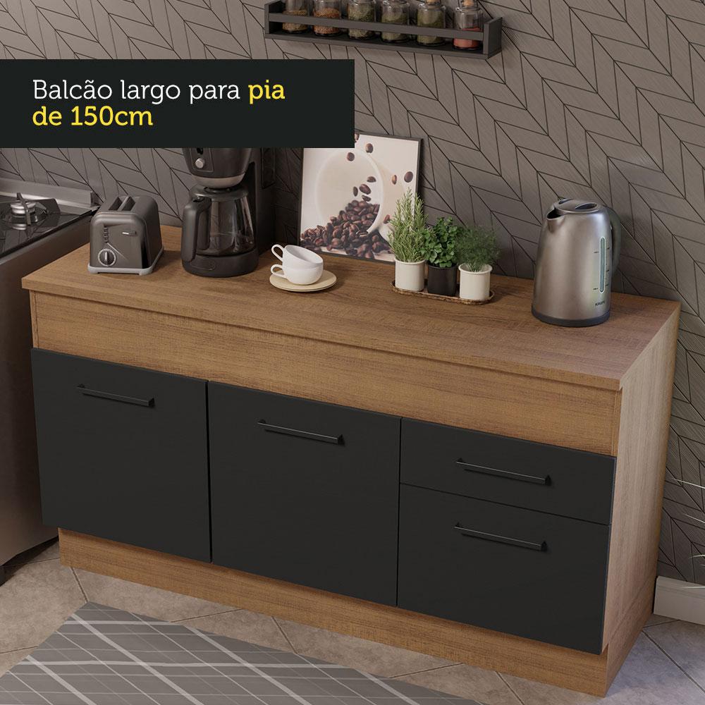 Balcão de Pia Cozinha 150 cm 2 Portas e 2 Gavetas (Com Tampo) Rustic/Preto Agata Madesa
