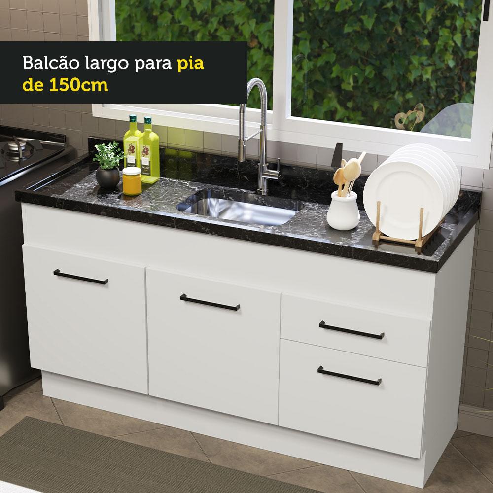 Balcão de Pia Cozinha 150 cm 2 Portas e 2 Gavetas (Sem Tampo e Pia) Branco Agata Madesa
