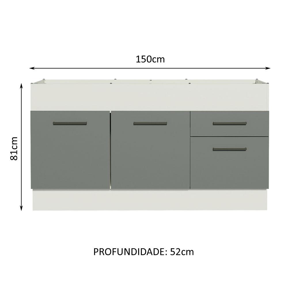 Balcão de Pia Cozinha 150 cm 2 Portas e 2 Gavetas (Sem Tampo e Pia) Branco/Cinza Agata Madesa