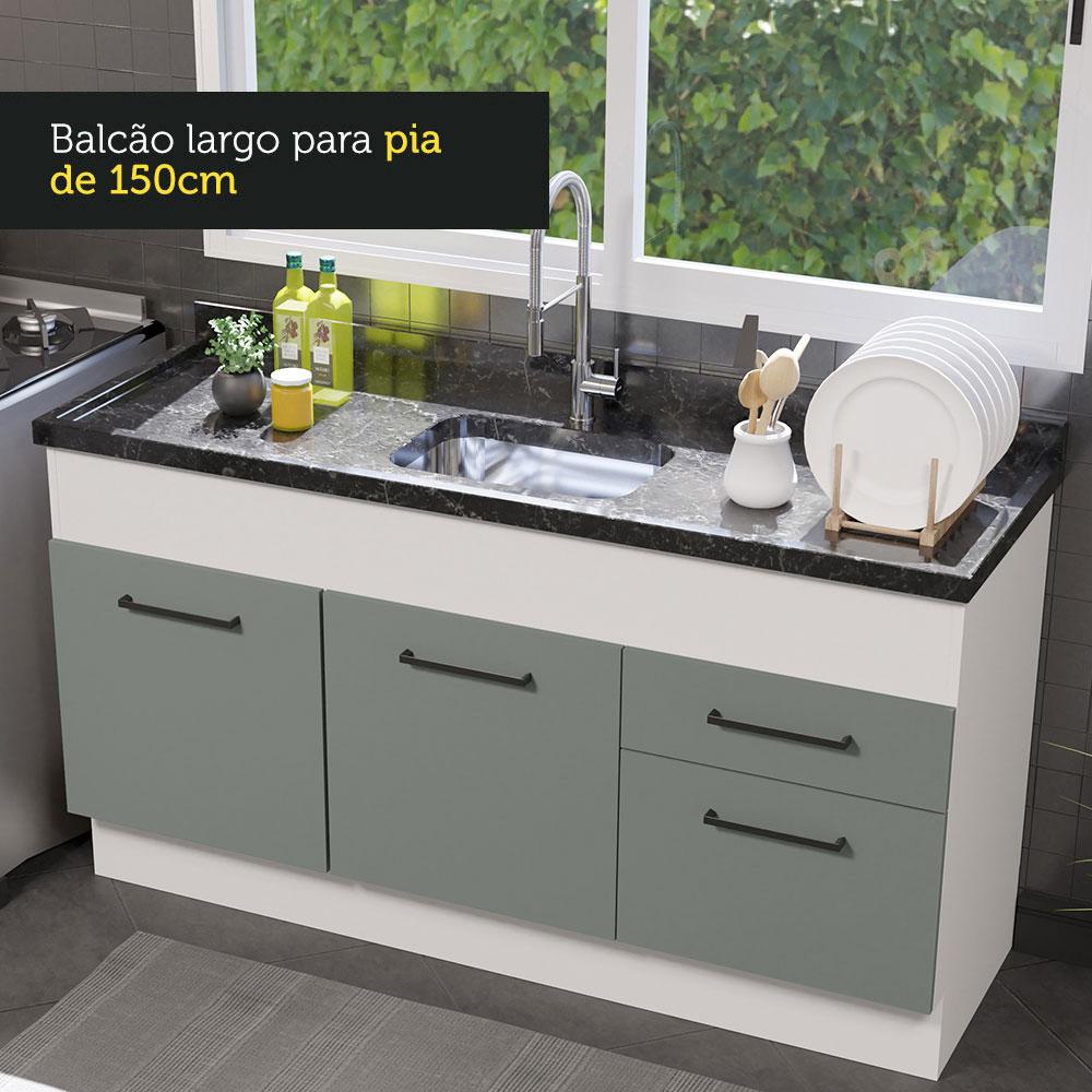 Balcão de Pia Cozinha 150 cm 2 Portas e 2 Gavetas (Sem Tampo e Pia) Branco/Cinza Agata Madesa