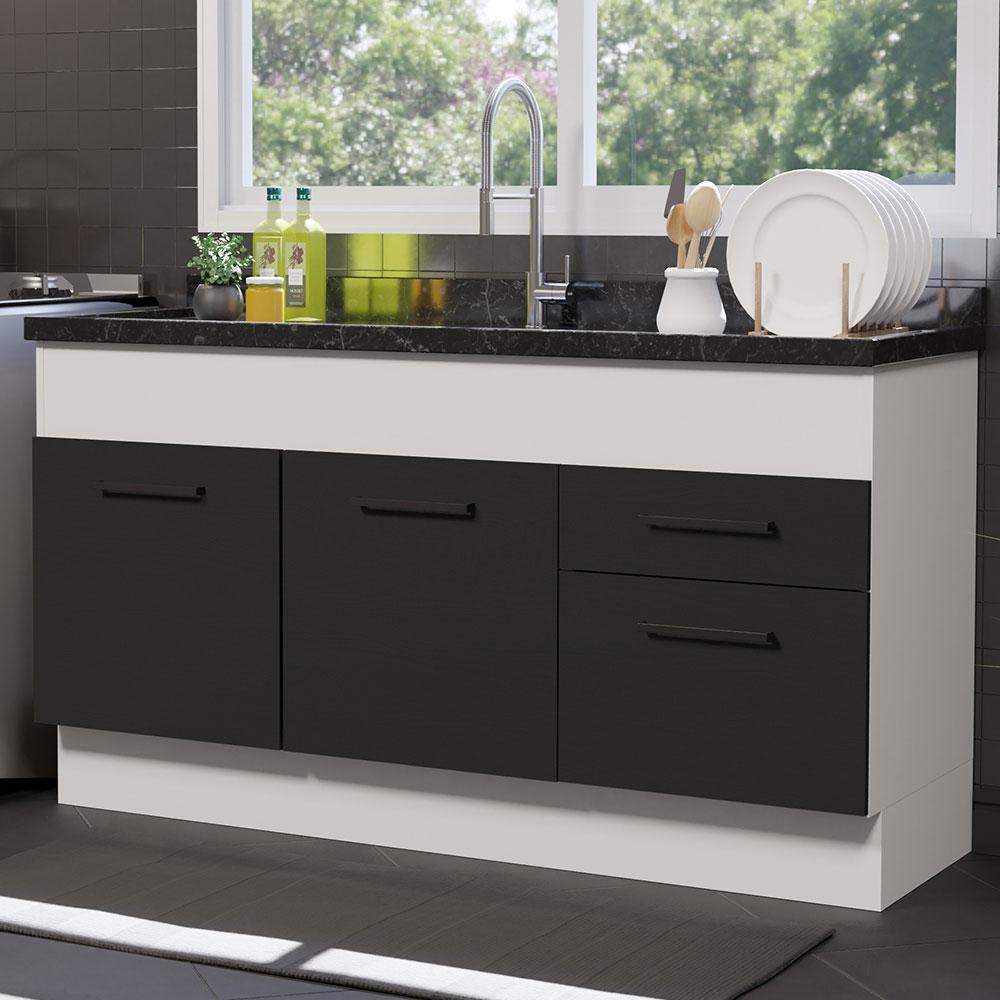 Balcão de Pia Cozinha 150 cm 2 Portas e 2 Gavetas (Sem Tampo e Pia) Branco/Preto Agata Madesa