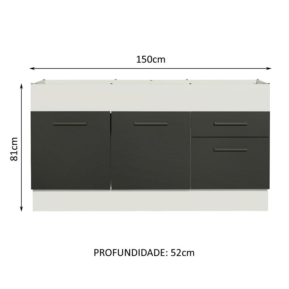 Balcão de Pia Cozinha 150 cm 2 Portas e 2 Gavetas (Sem Tampo e Pia) Branco/Preto Agata Madesa