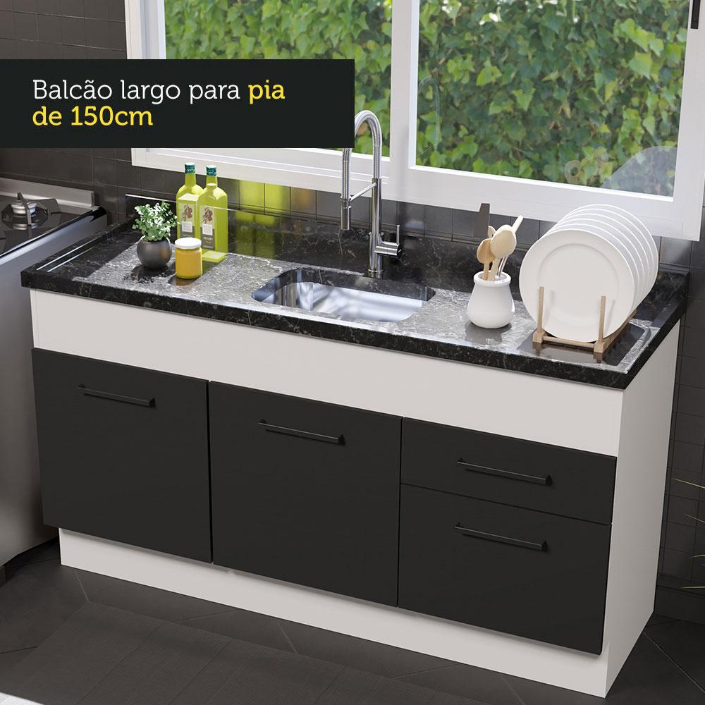 Balcão de Pia Cozinha 150 cm 2 Portas e 2 Gavetas (Sem Tampo e Pia) Branco/Preto Agata Madesa