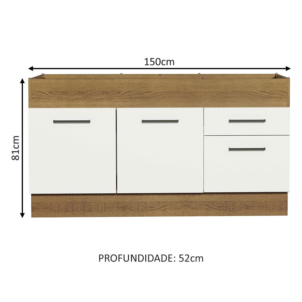 Balcão de Pia Cozinha 150 cm 2 Portas e 2 Gavetas (Sem Tampo e Pia) Rustic/Branco Agata Madesa