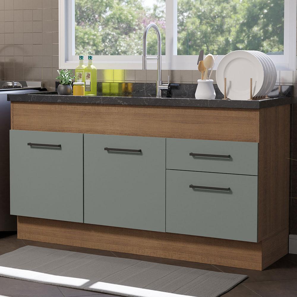 Balcão de Pia Cozinha 150 cm 2 Portas e 2 Gavetas (Sem Tampo e Pia) Rustic/Cinza Agata Madesa