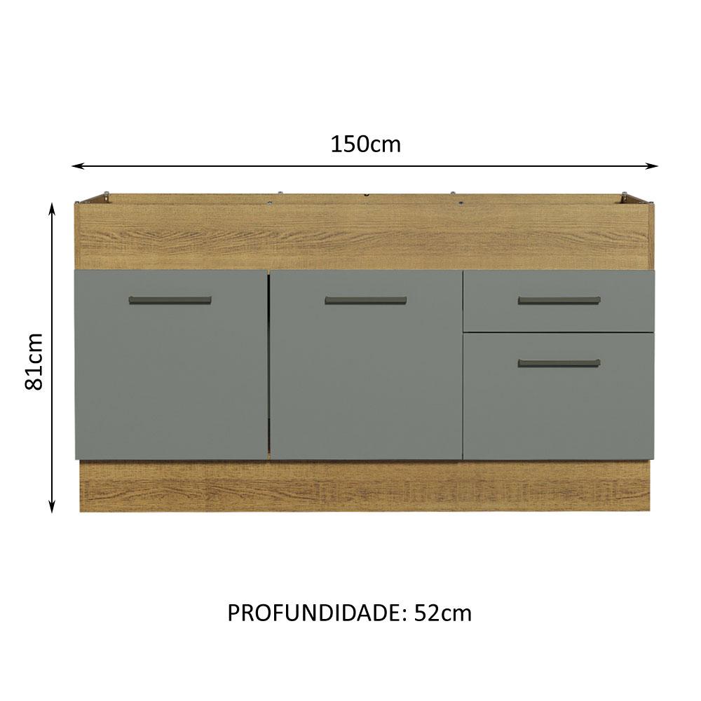 Balcão de Pia Cozinha 150 cm 2 Portas e 2 Gavetas (Sem Tampo e Pia) Rustic/Cinza Agata Madesa