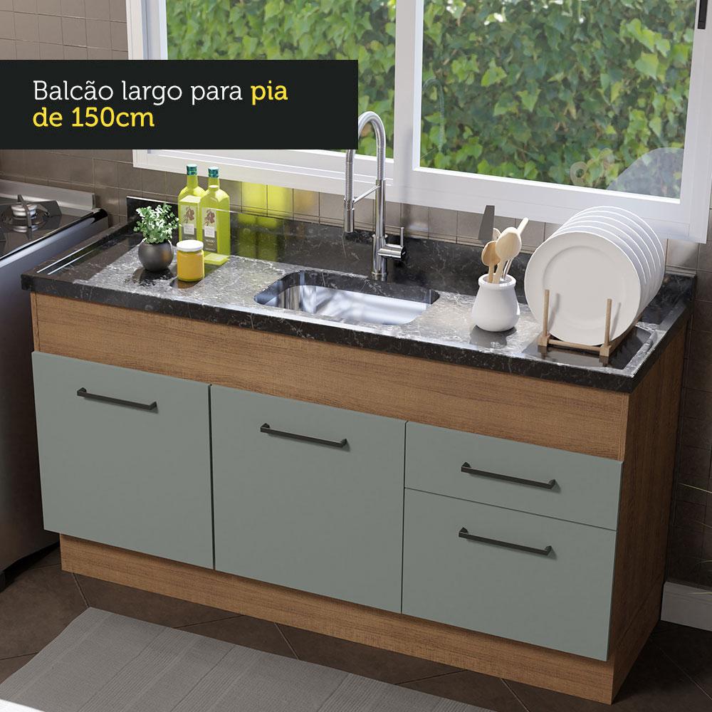 Balcão de Pia Cozinha 150 cm 2 Portas e 2 Gavetas (Sem Tampo e Pia) Rustic/Cinza Agata Madesa