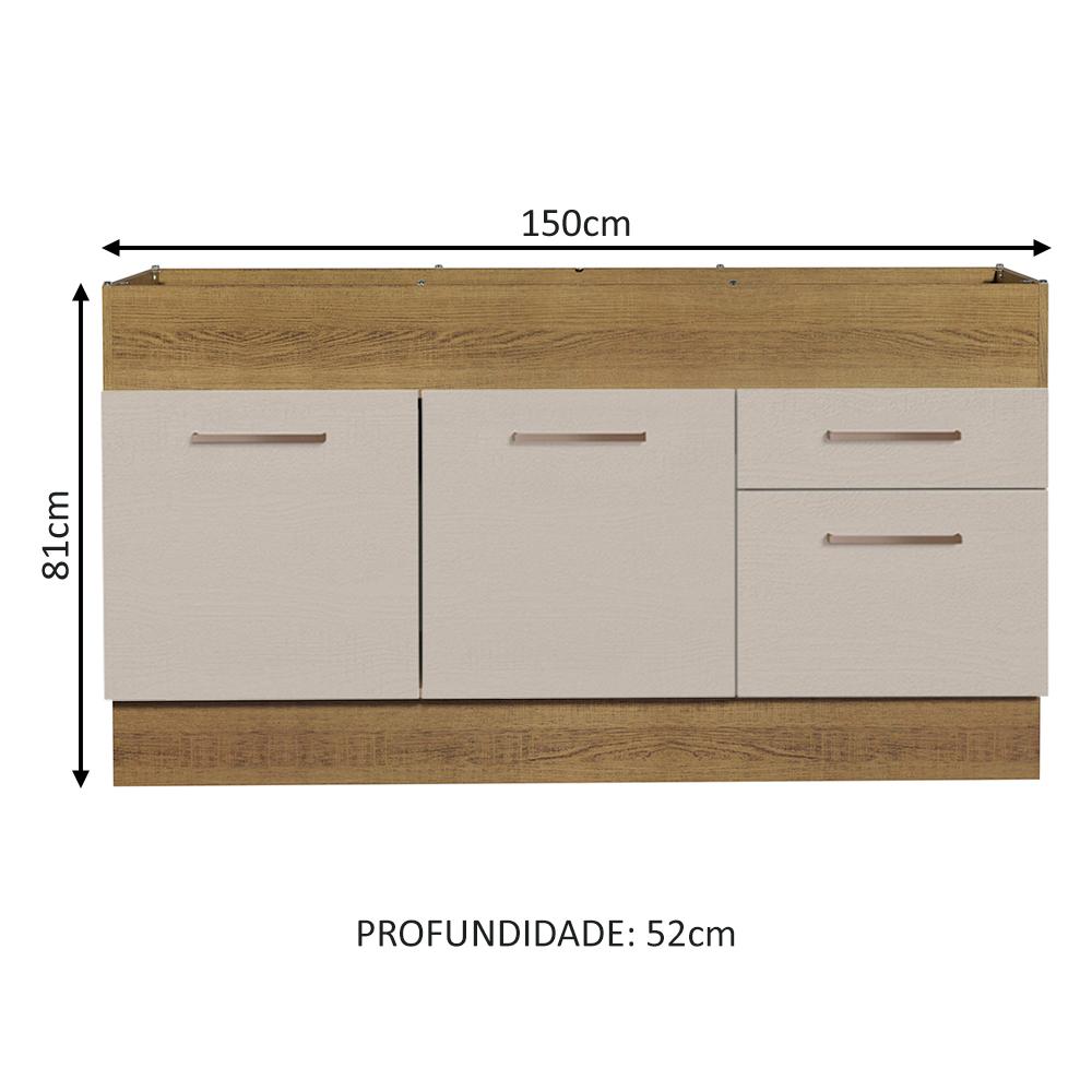 Balcão de Pia Cozinha 150 cm 2 Portas e 2 Gavetas (Sem Tampo e Pia) Rustic/Crema Agata Madesa