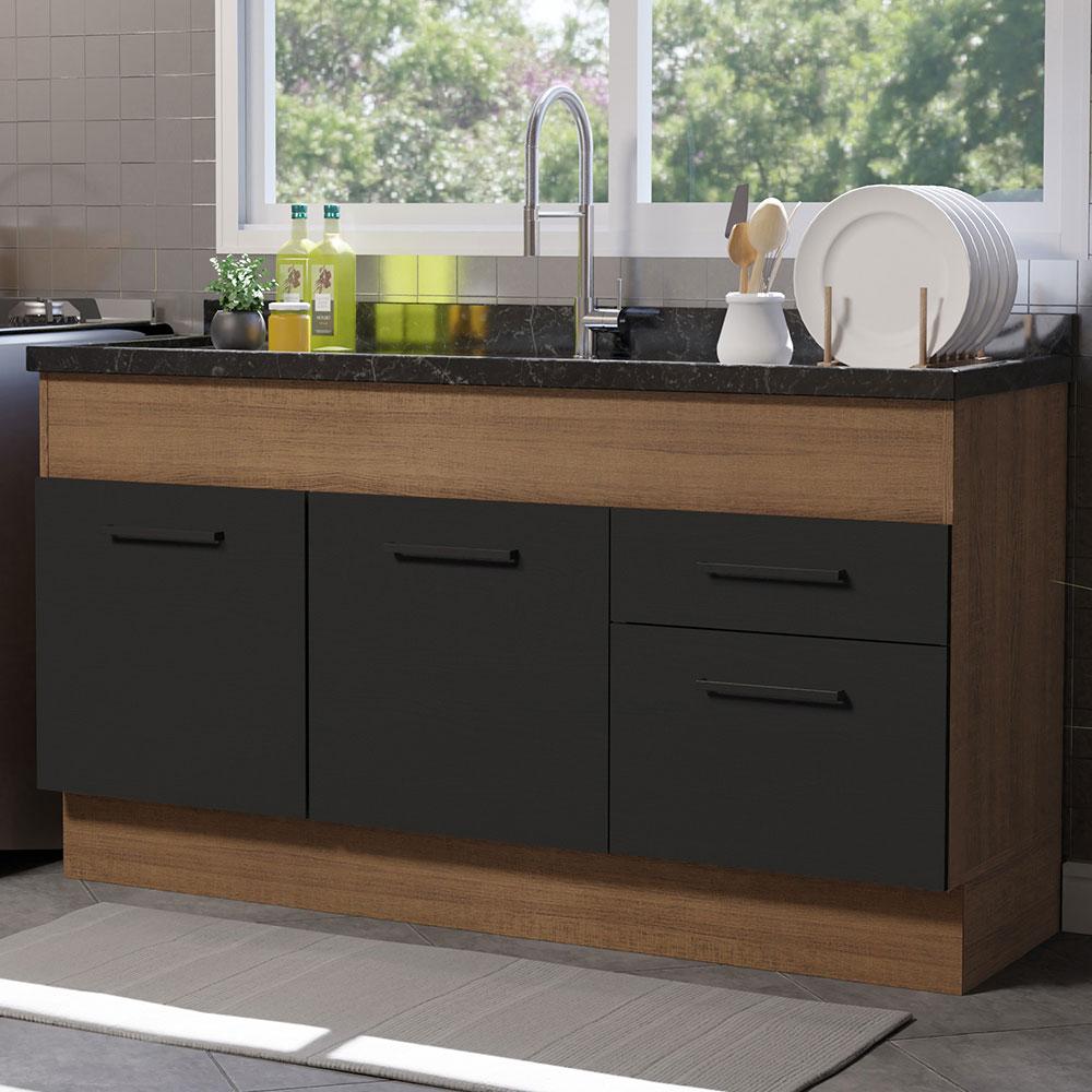 Balcão de Pia Cozinha 150 cm 2 Portas e 2 Gavetas (Sem Tampo e Pia) Rustic/Preto Agata Madesa
