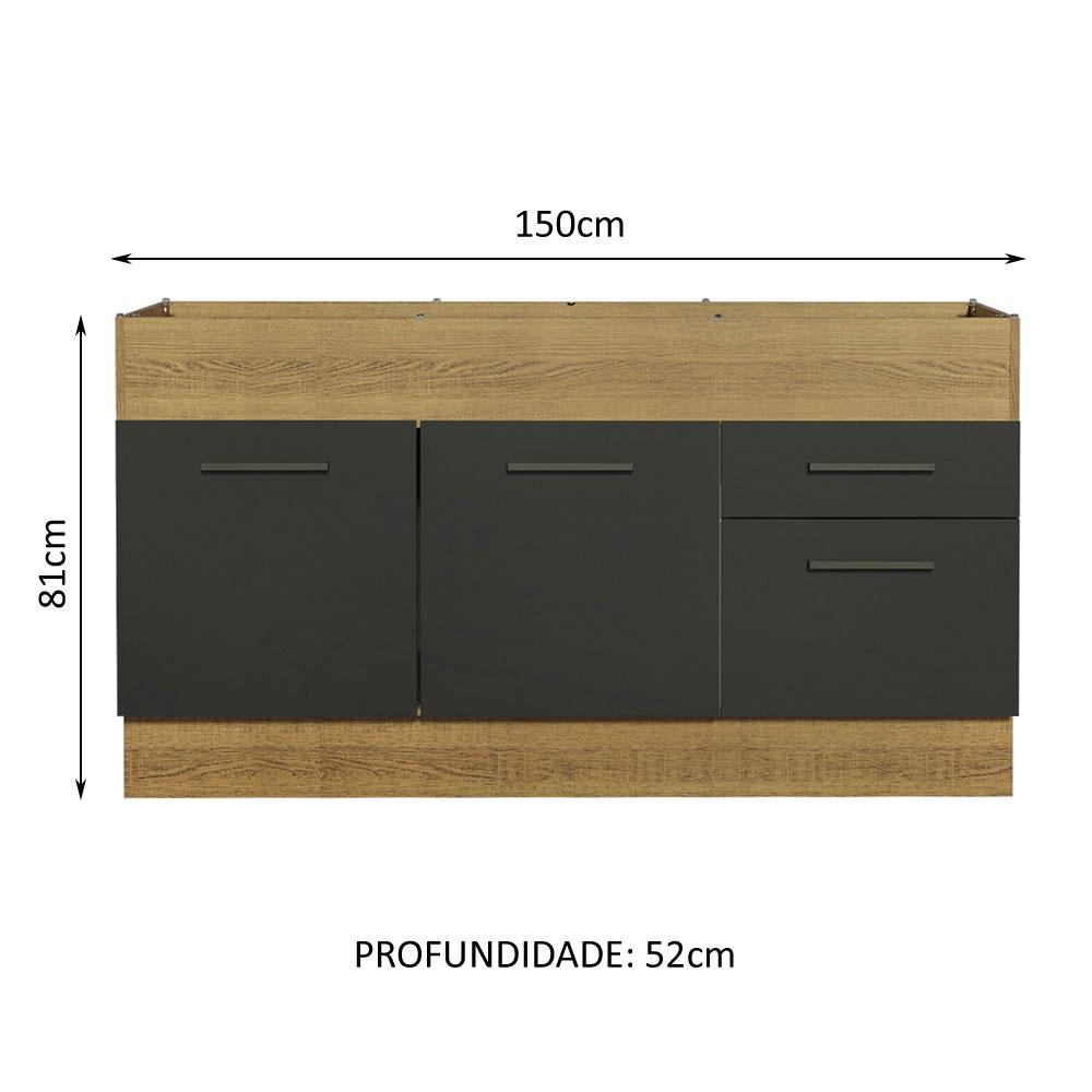 Balcão de Pia Cozinha 150 cm 2 Portas e 2 Gavetas (Sem Tampo e Pia) Rustic/Preto Agata Madesa