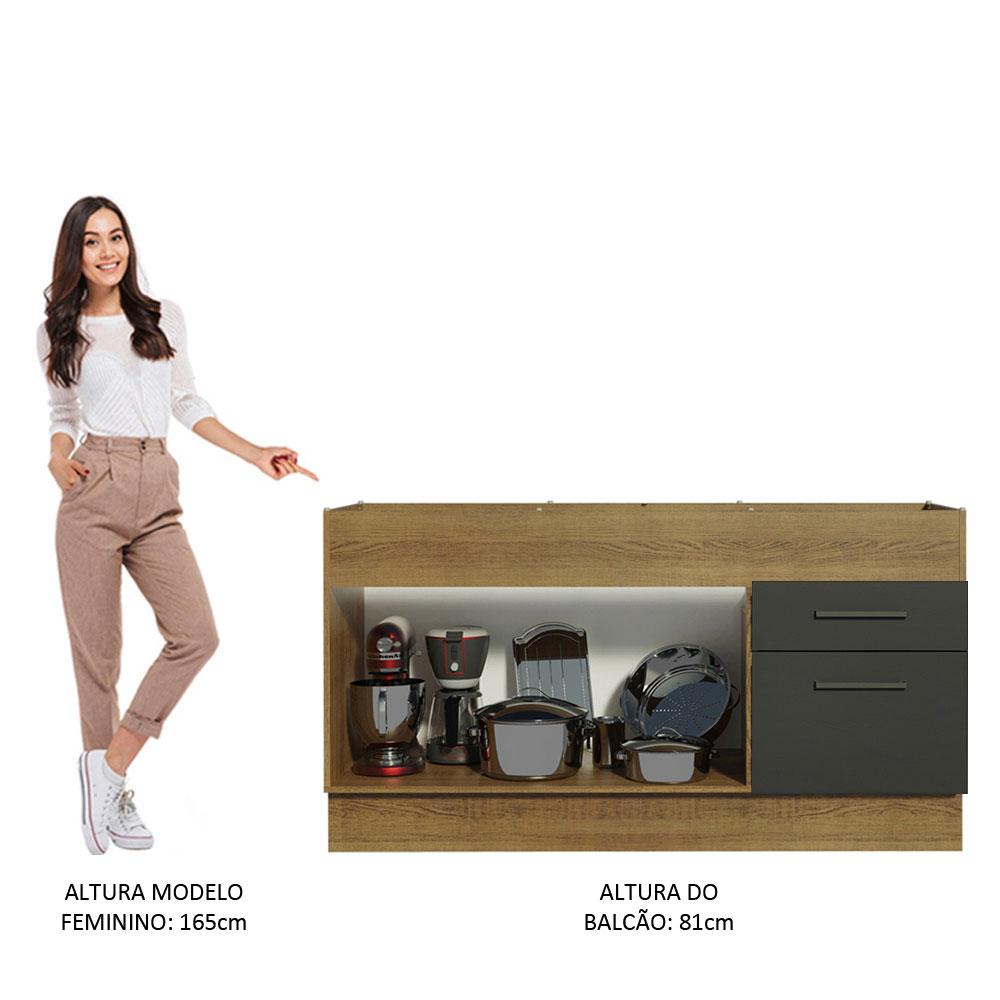 Balcão de Pia Cozinha 150 cm 2 Portas e 2 Gavetas (Sem Tampo e Pia) Rustic/Preto Agata Madesa