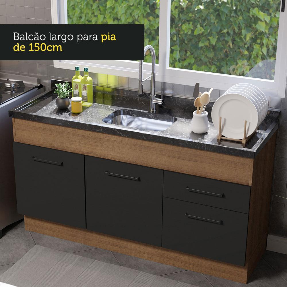 Balcão de Pia Cozinha 150 cm 2 Portas e 2 Gavetas (Sem Tampo e Pia) Rustic/Preto Agata Madesa