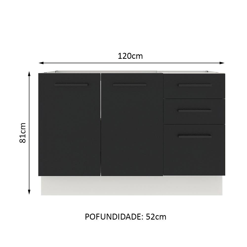 Balcão de Pia Cozinha 2 Portas e 3 Gavetas Branco/Preto Agata Madesa