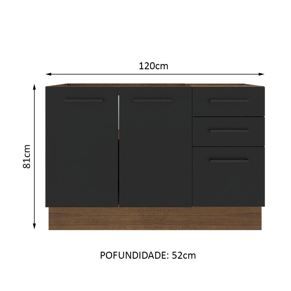 Balcão de Pia Cozinha 2 Portas e 3 Gavetas Rustic/Preto Agata Madesa