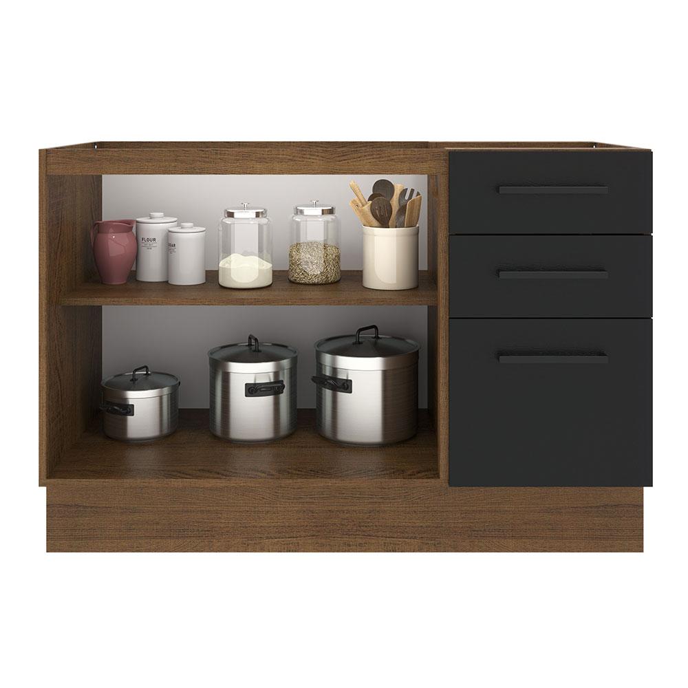 Balcão de Pia Cozinha 2 Portas e 3 Gavetas Rustic/Preto Agata Madesa