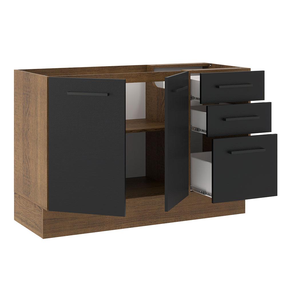 Balcão de Pia Cozinha 2 Portas e 3 Gavetas Rustic/Preto Agata Madesa