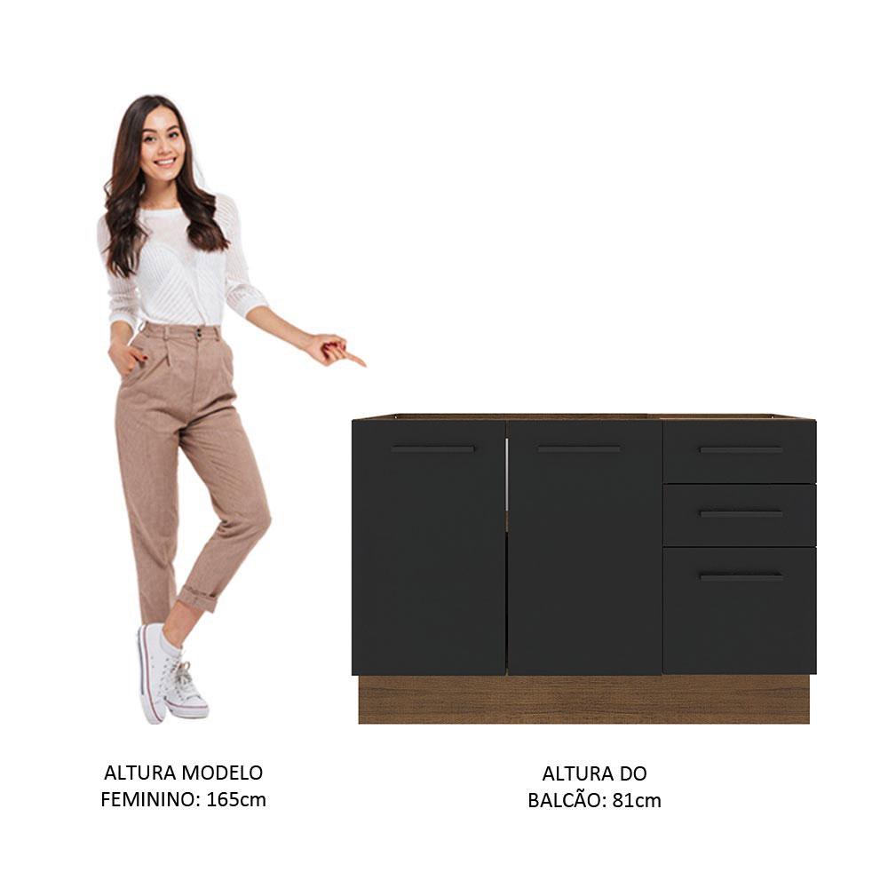 Balcão de Pia Cozinha 2 Portas e 3 Gavetas Rustic/Preto Agata Madesa