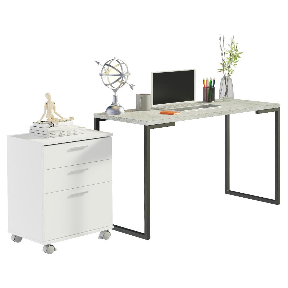Conjunto Escritório Home Office com Mesa Industrial + Gaveteiro Branco/Cinza Madesa