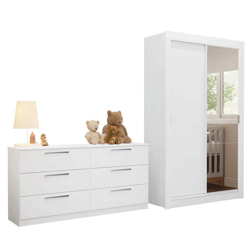 Conjunto Quarto Infantil com Guarda Roupa 2 Portas com Espelho e Cômoda Madesa​