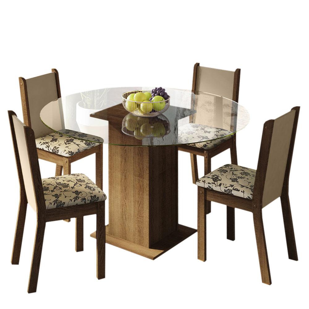 Conjunto Sala Jantar Madesa Madu Mesa Tampo de Vidro Redondo 4 Cadeiras - Rustic/Crema/Bege Marrom