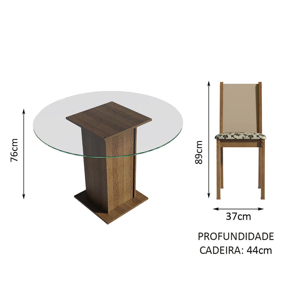 Conjunto Sala Jantar Madesa Madu Mesa Tampo de Vidro Redondo 4 Cadeiras - Rustic/Crema/Bege Marrom